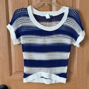 Striped Blue and White Open-Knit Short Sleeve Top